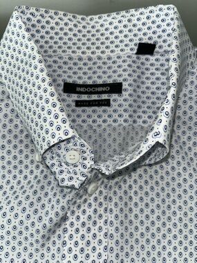 Indochino Short-Sleeve White Button-Down Shirt with Navy Microprint